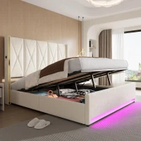 Cama de terciopelo con cabecero acolchado y capitoné, prácticos bolsillos laterales, apta para colchón 180x200 cm, 190x213x141 cm, Beige(m-6)