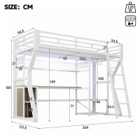 Letto a soppalco per materasso 90x200 cm con scomparti portaoggetti e spazio inferiore LED aperto, 204x131.5x180 cm, Bianco(m-3)