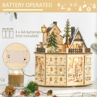HOMCOM kerst adventskalender met 24 lades kerstkalender met LED verlichting adventskalender box MDF plaat naturel hout 25 x 20 x 29 cm(m-7)
