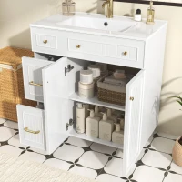 Mobile bagno indipendente con lavabo in ceramica, piedini in legno e maniglie in metallo, 81.7x46.8x90 cm, Bianco(m-5)