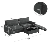 Divano angolare modulare con pouf poggiapiedi flessibile e vano portaoggetti nascosto, 216x77x82 cm, Nero(m-3)