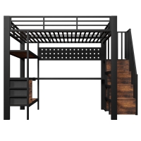 Cama alta 140×200 cm, estante integrado y 3 cajones, sin colchón, 251x146x170 cm, Negro