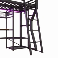 Cama alta para colchão 90×200 cm, com arrumação e espaço aberto por baixo da cama, sem colchão, 204x131,5x180 cm, Preto(m-10)