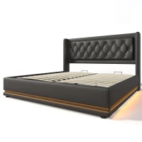 Cama estofada cama de casal 180x200 cm com arrumação hidráulica, estrutura de aço estável, revestimento em PU fácil de limpar, sem colchão, 210x190x101 cm, Preto(m-6)