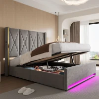 Cama de terciopelo con cabecero acolchado y capitoné, prácticos bolsillos laterales, para colchón 160L x 200AN cm, 170x213x141 cm, Gris oscuro(m-6)