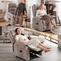 HOMCOM Fernsehsessel mit Aufstehhilfe Elektrisch Relaxsessel mit Vibrationsmassage, Wärme und Liegefunktion, Hellgrau(m-4)