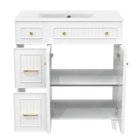 Mobile bagno indipendente con lavabo in ceramica, piedini in legno e maniglie in metallo, 81.7x46.8x90 cm, Bianco(m-8)