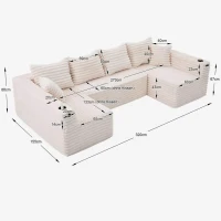 Sofá em U de veludo cotelê, com porta-copos integrado e bolso lateral, estofamento com molas, 320x155x88 cm, Bege(m-3)