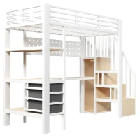 Letto a soppalco con ripiani portaoggetti e scala contenitore, 251x96x170 cm, Bianco(m-7)