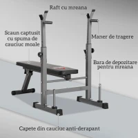 HOMCOM Bancă pentru Greutăți Pliabilă cu 8 Înălțimi Reglabile și Suport pentru Halteră din Oțel și PU, 140x73x98-122 cm, Gri(m-7)