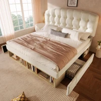 Letto matrimoniale imbottito con testiera sagomata regolabile in altezza a 3 livelli, 197x151x120 cm, Beige(m-1)