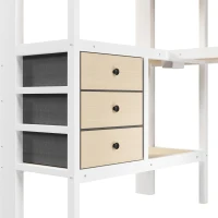 Cama alta 90×200 cm, prateleiras, escada com arrumação, sem colchão, 251x96x170 cm, Branco(m-10)