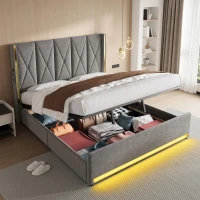 Cama de terciopelo con cabecero acolchado y capitoné, prácticos bolsillos laterales, apta para colchón 180x200 cm, 190x213x141 cm, Gris oscuro(m-4)