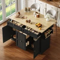 Ilha de cozinha móvel com tampo rebatível, gavetas verticais de 2 níveis, rodízios bloqueáveis 360°, 120x70x92 cm, Preto(m-6)