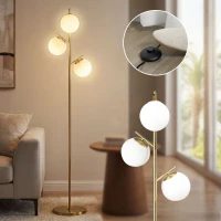 HOMCOM Staande lamp in retro-design, vloerlamp, vloerlamp met 3 lampenkappen, glas, goud(m-11)