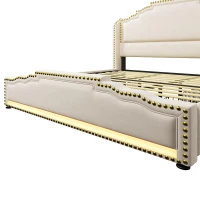 Cama estofada 180×200, cama com 4 gavetas de arrumação, iluminação LED ambiente integrada, 214x189x120 cm, Bege(m-11)