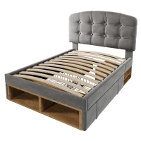 Cama tapizada 90x200 con ajuste de altura en 3 niveles, cajones integrados y compartimentos de almacenaje, 207x101x120 cm, Gris(m-8)