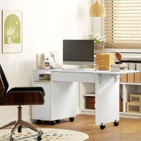 HOMCOM Rollbarer Computertisch, klappbarer Schreibtisch mit Schrank und Schublade, Spanplatte, Weiß(m-8)
