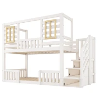 Cama de beliche estilo cabana, escada com armário e arrumação, 2 áreas de dormir de 90X200 cm cada, 254x95x170 cm, Branco(m-7)