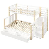Letto a castello con sponda di protezione rialzata e scala, 254x145x150 cm, Bianco e color legno(m-7)