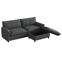 Divano angolare modulare con pouf poggiapiedi flessibile e vano portaoggetti nascosto, 216x77x82 cm, Nero(m-6)