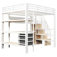 Letto matrimoniale a soppalco con mensola e 3 cassetti, 251x146x170 cm, Bianco(m-7)