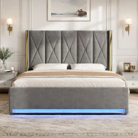 Letto matrimoniale vellutato con testiera imbottita e trapuntata e tasche laterali, 190x213x141 cm, Grigio Scuro(m-1)