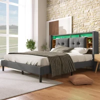 Cama doble tapizada con cabecero con almacenaje, somier de lamas de madera maciza y metal, para colchón 160X200 cm, sin colchón, 223x169x107 cm, Gris(m-2)