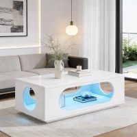 Tavolino da salotto con illuminazione LED, spazio portaoggetti e foro passacavi, 100x50x35 cm, Bianco(m-5)