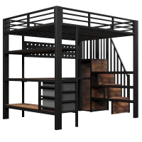 Cama alta 140 x 200 cm, prateleira integrada e 3 gavetas, sem colchão, 251x146x170 cm, Preto(m-7)