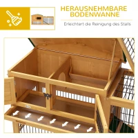 PawHut Konijnenhok 2 Verdiepingen Tannenhout Winterbestendig Dubbeldeks met Vrijloopgehege Helling 150x52x68 cm Geel(m-6)