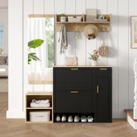 Set guardaroba 4 pezzi, set completo di mobili per ingresso con scarpiera, panca, appendiabiti da parete e specchio, 130x30x174 cm, Nero(m-4)