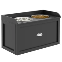 PawHut Gamelle Double Chien Chat - Porte-Gamelles Surélevé Rangement 2 en 1 - Tiroir, 2 Gamelles - Acier Inox MDF Noir(m-11)