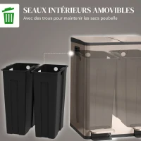 HOMCOM Poubelle de cuisine 2 compartiments de 2 x 20L, acier inoxydable, couvercle à fermeture douce, 45,8x36x51,6cm, or(m-7)