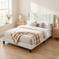 HOMCOM Cama 135x190 cm con Almacenaje Inferior Tapizada y Cabecero Acolchado con Orejas Beige(m-9)