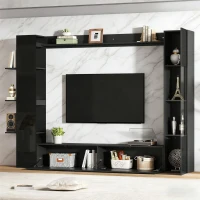 Mueble de salón compacto de 4 piezas, mueble de TV integrado con vitrina y estanterías abiertas, gran capacidad de almacenaje, 245x30x170 cm, Negro(m-5)