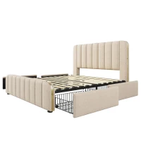 Cama doble tapizada, tiras decorativas doradas, tapizado en lino, sin colchón, 203x148x102 cm, Beige(m-8)