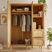 Guarda-roupa estilo rústico, 2 portas, 2 gavetas & prateleiras abertas para muito espaço de arrumação, 120x44x161 cm, Cor natural(m-5)