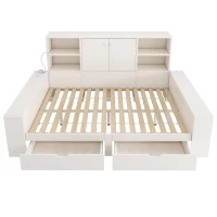 Letto contenitore con 2 cassetti su ruote, vano contenitore e ante doppie, 237x183x100 cm, Bianco(m-6)