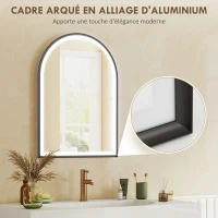 HOMCOM Miroir salle de bain avec éclairage 50 x 70 cm, miroir LED arqué, anti-buée, 3 couleurs lumière, dimmable, mémoire, noir(m-8)