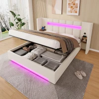 Struttura letto in velluto con striscia LED e comodini integrati, 225x212x103 cm, Beige(m-4)