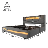 Letto contenitore e imbottito per materasso 180x200 cm con leva idraulica, 219x186.5x110 cm, Grigio(m-3)