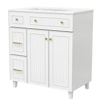 Mobile bagno indipendente con lavabo in ceramica, piedini in legno e maniglie in metallo, 81.7x46.8x90 cm, Bianco(m-6)