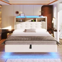 Cama estofada 140 × 200 cm, iluminação LED, design flutuante, sem colchão, 217x141x110 cm, Bege(m-4)