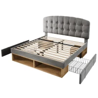 Cama de casal 140x200 estofada com estrado de ripas, cabeceira curva regulável em 3 alturas, sem colchão, 207x151x120 cm, Cinzento(m-8)