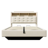 Cama estofada 140 × 200 cm, iluminação LED, design flutuante, sem colchão, 217x141x110 cm, Bege(m-1)