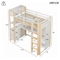 Cama alta 90x200 cm, grade de segurança para crianças a partir dos 6 anos, sem colchão, 232,5x100x189,5 cm, Cor natural(m-3)