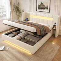 Struttura letto in velluto con striscia LED e comodini integrati, 225x212x103 cm, Beige(m-6)
