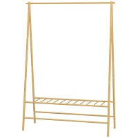 HOMCOM Bamboe Kledingrek met Schoenenrek en Haken, Vrijstaand, voor Entree, Slaapkamer, Natuurlijk Hout(m-10)