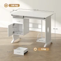 HOMCOM Mesa de Computador 100x52x75 cm Prateleira Deslizante para Teclado Gavetas e Suporte para Unidade Central Branco(m-3)